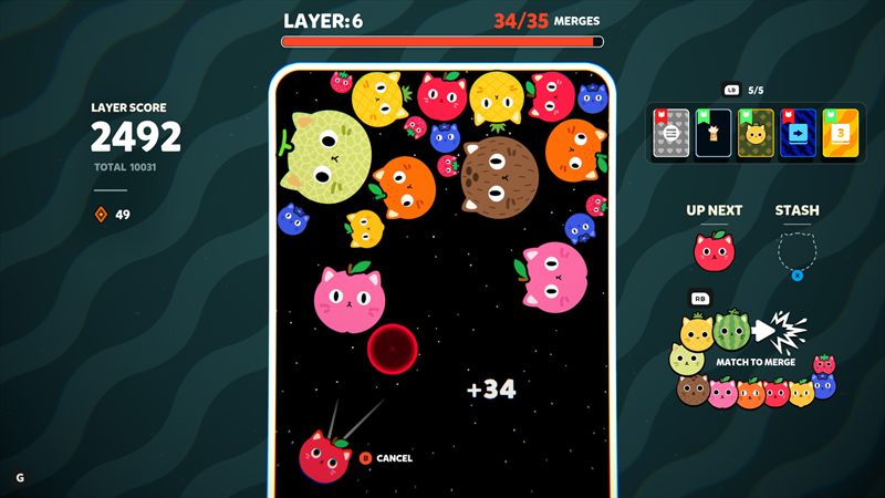Catomi screenshot: Zero Gravity active, fruit floating in a starry arena