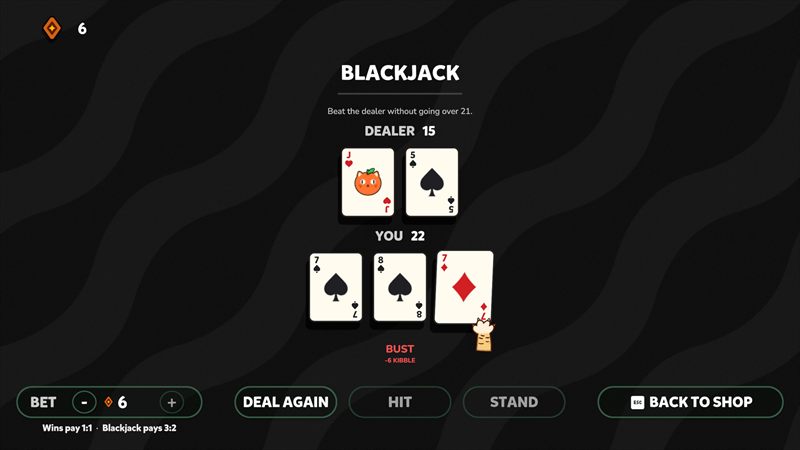 Catomi screenshot: betting Kibble at blackjack in the shop